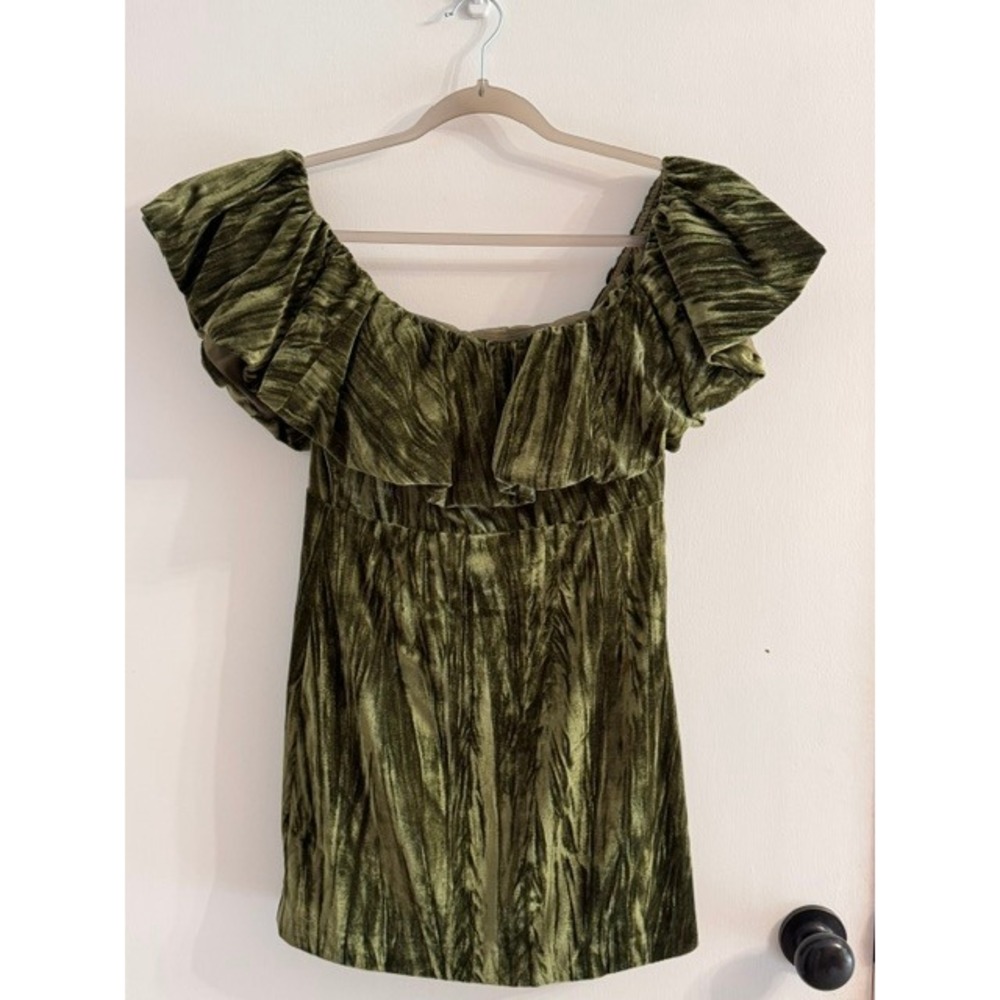 Nasty Gal Petite Velvet Frill Bardot Mini Dress Olive Green US 8 NEW